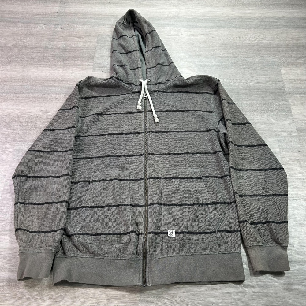 VINTAGE Volcom Hoodie Mens Medium Gray Stripe Full Zip Lagger Slim Sweatshirt